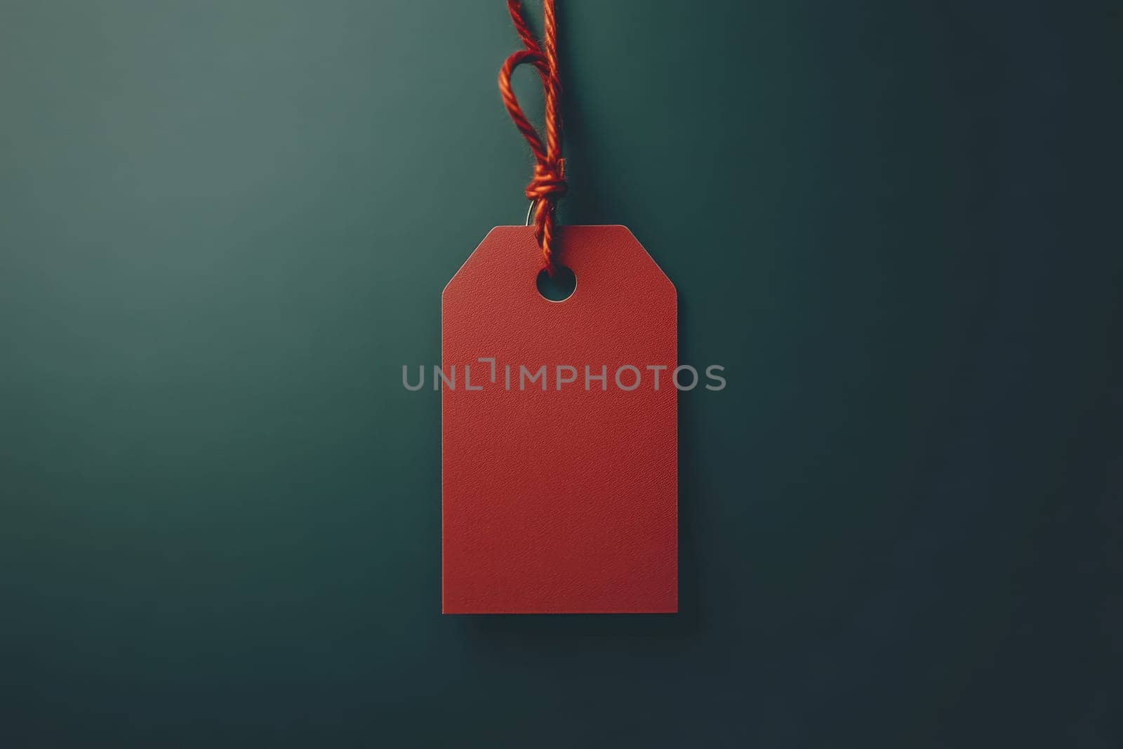 A clean red price tag is suspended by a string against a deep green backdrop, exemplifying minimalist design. Its simplicity emphasizes style, perfect for product displays or branding.