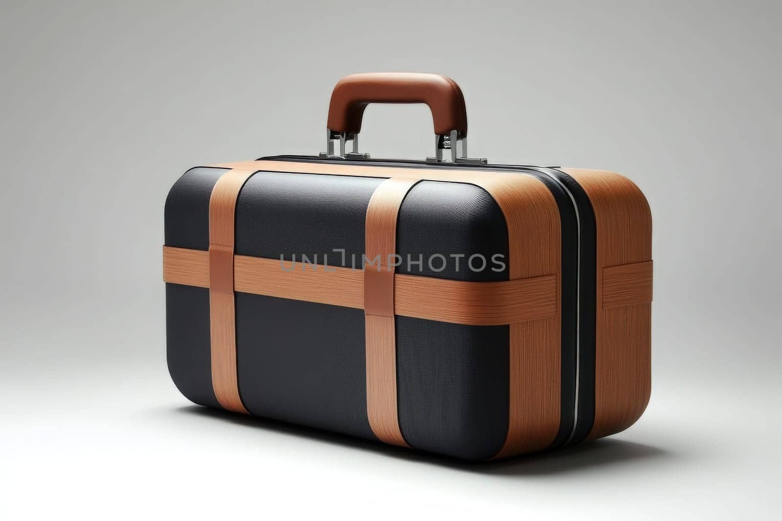 The modern suitcase features a clean, minimalist design, combining black material with elegant brown straps and a sturdy handle.