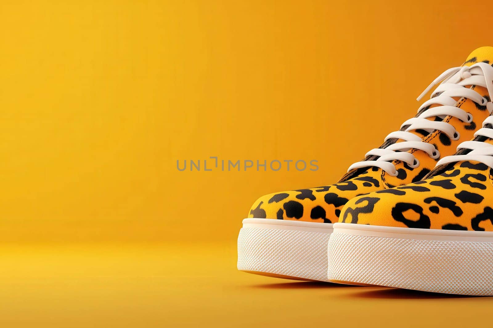 Modern leopard design shoes rest on a clean, solid yellow backdrop, showcasing their bold pattern and stylish appeal, perfect for fashion enthusiasts looking to elevate their look.
