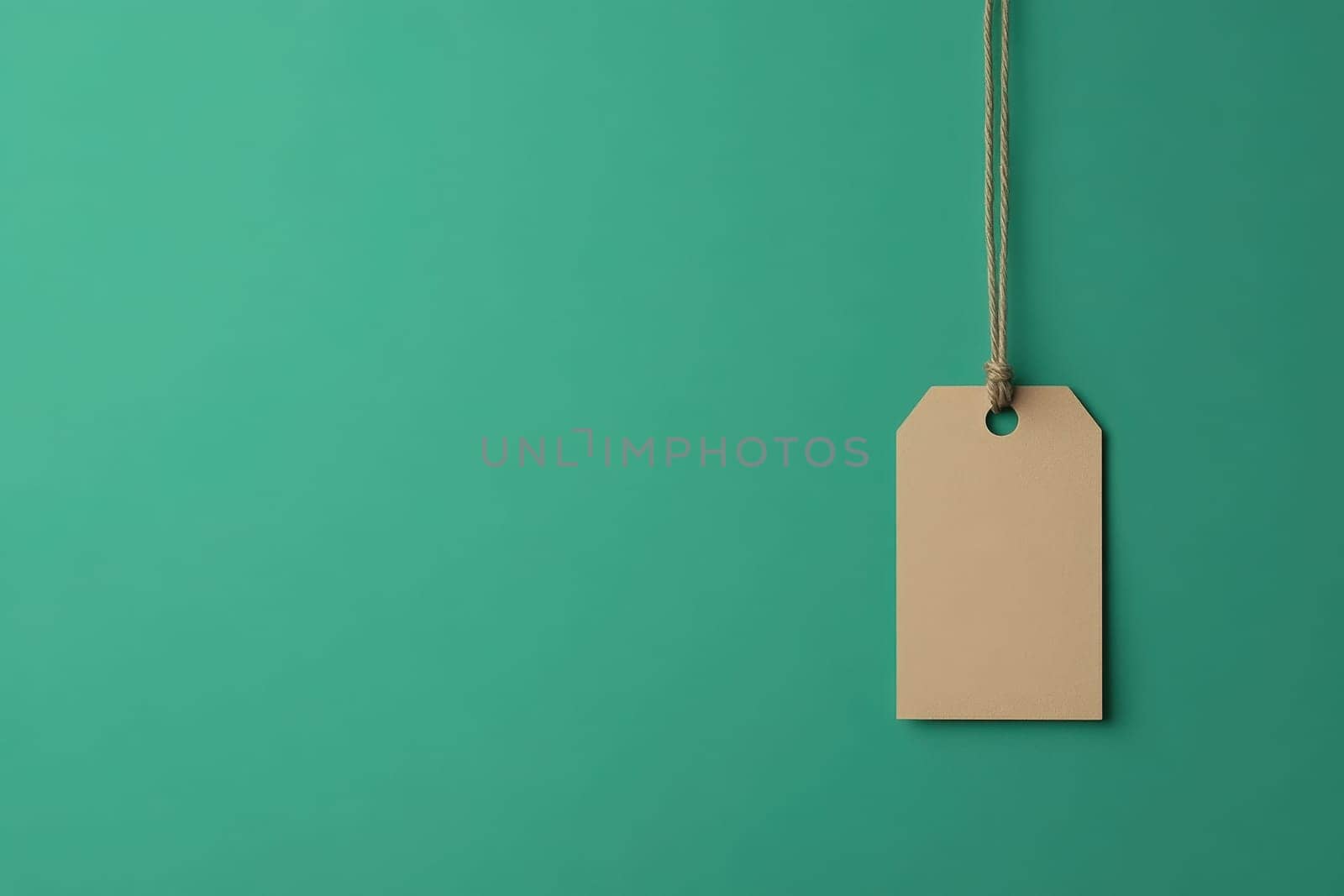 A clean minimalist price tag is suspended by a twine thread against a vibrant green background, showcasing a simple yet effective design for labeling products or items.