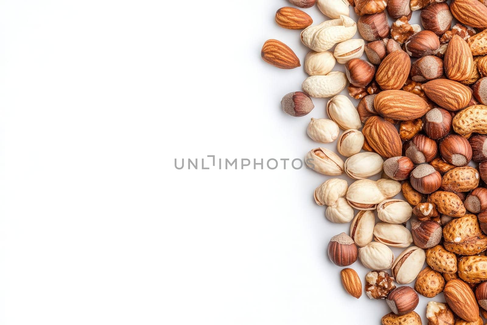 A colorful assortment of mixed nuts is prominently displayed on a clean white surface, showcasing their diverse shapes, sizes, and colors.