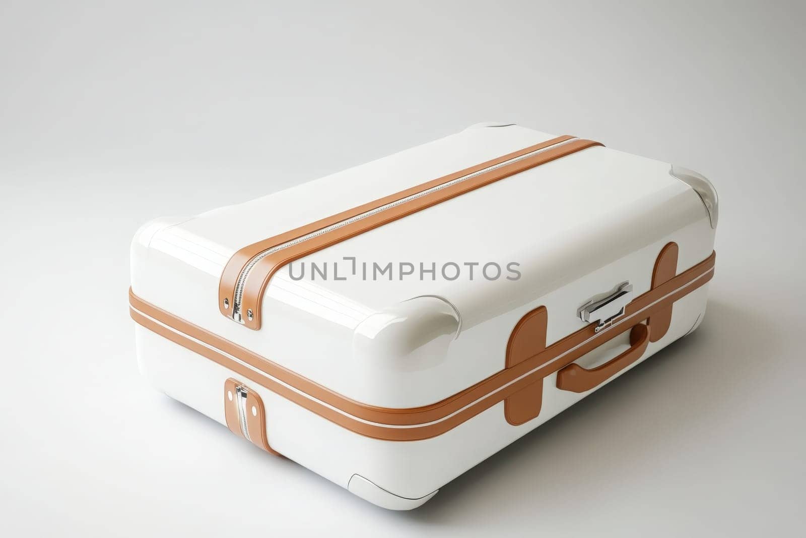 This sleek, modern suitcase features a clean minimalist design with smooth surfaces and elegant leather straps. It offers a chic travel solution for those seeking both form and function.