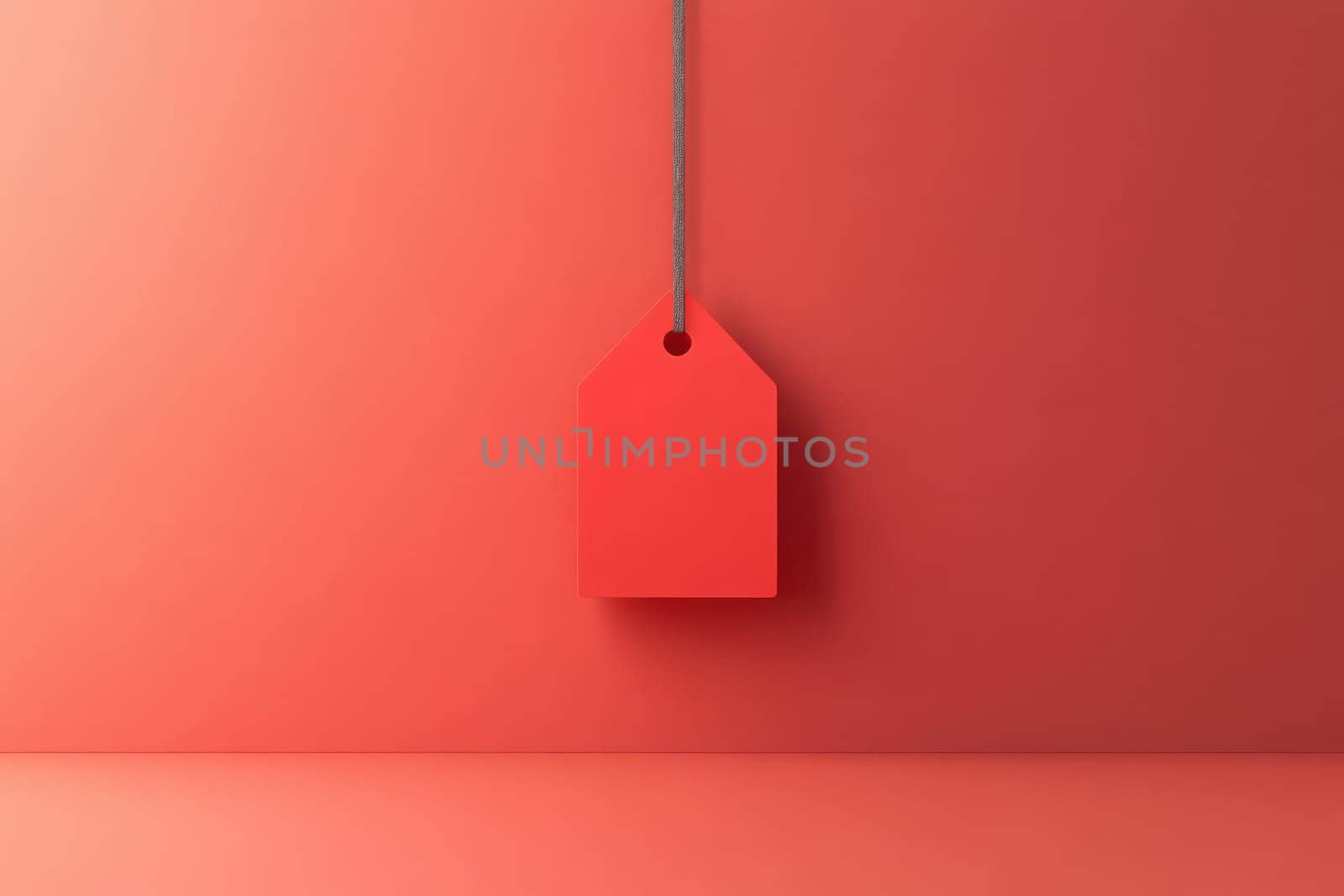 A simple red price tag is suspended from a string on a matching red surface, creating a cohesive and minimalist aesthetic. The design emphasizes clean lines and vibrant color.