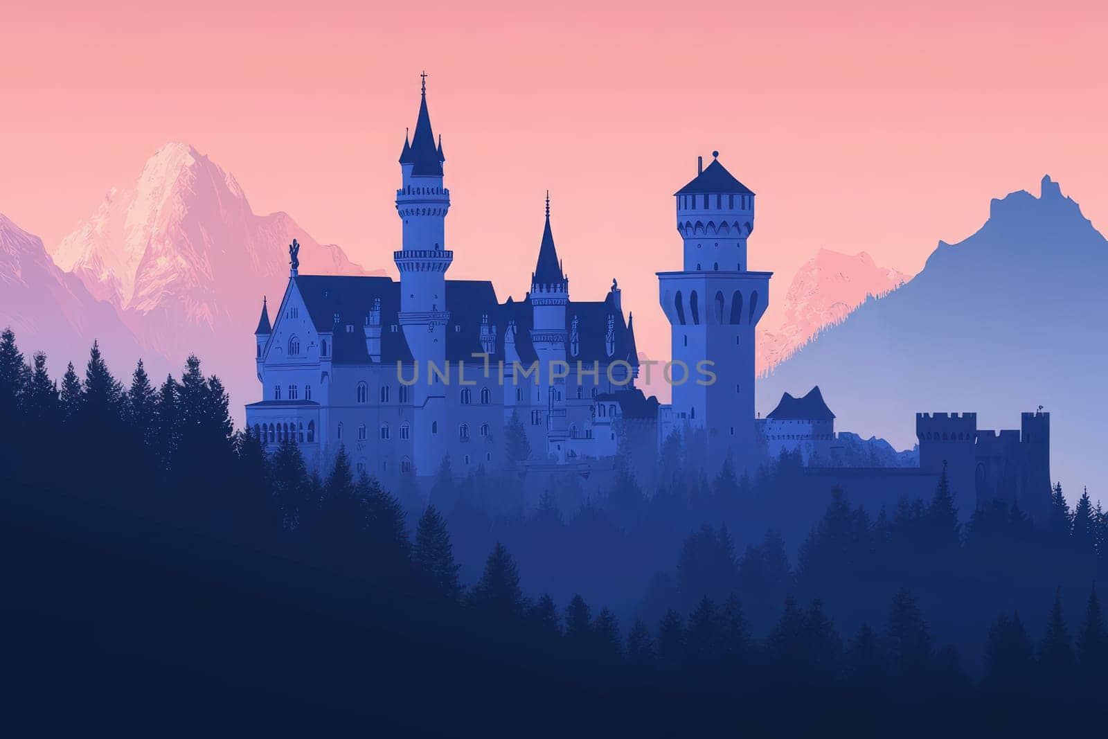 The silhouette of Neuschwanstein Castle stands majestically against a twilight sky. Surrounded by rolling mountains, the scene evokes tranquility and timeless beauty in a minimalist style.