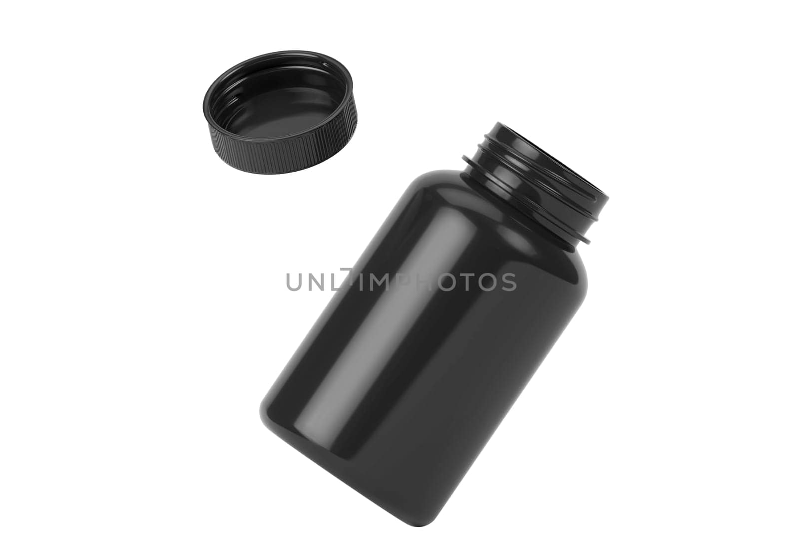 Black supplement bottle. Medicine pill container, plastic jar blank mockup. Vitamine drug capsule bottle, pharmaceutical product package