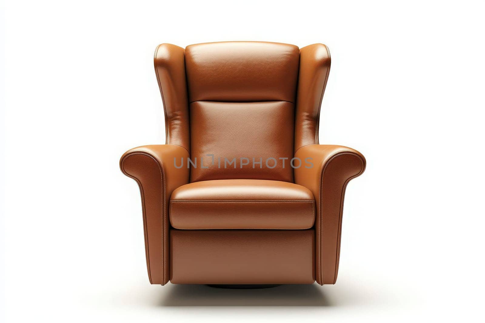 A stylish modern armchair in warm brown leather stands alone in the center of a minimalist studio space, showcasing its elegant design and comfort in a contemporary setting.