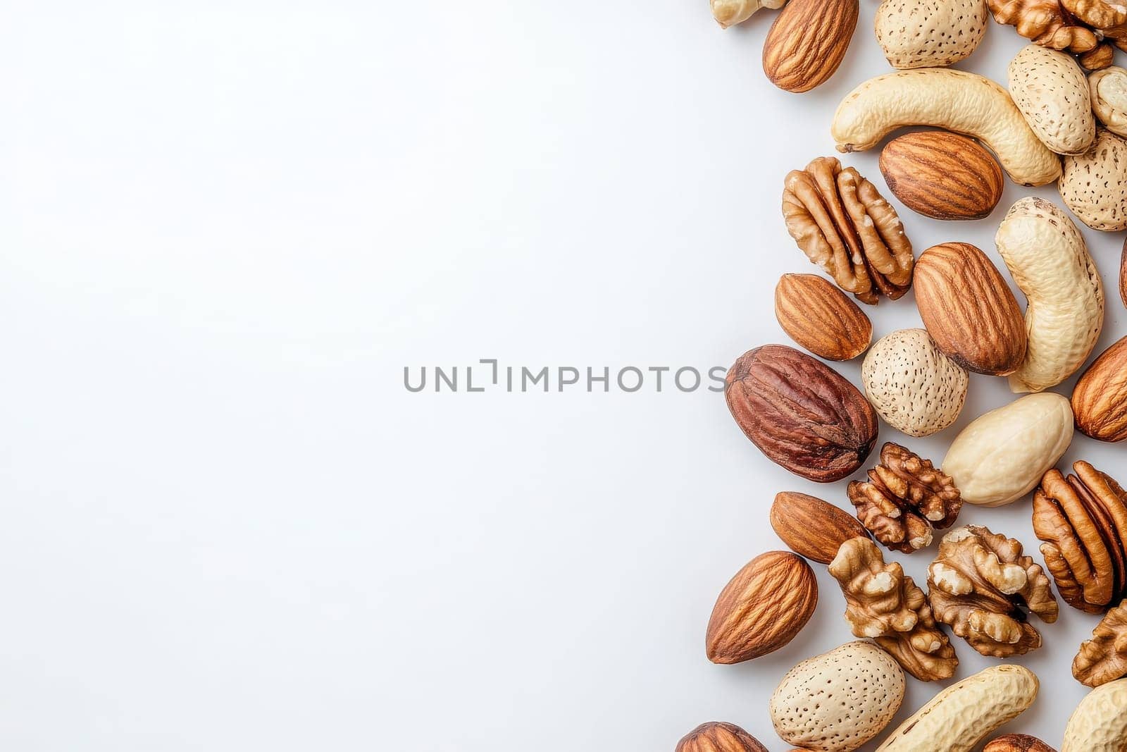 A collection of mixed nuts, including almonds, walnuts, pecans, and peanuts, is artistically placed in the center of a clean, white background, showcasing their textures and colors.