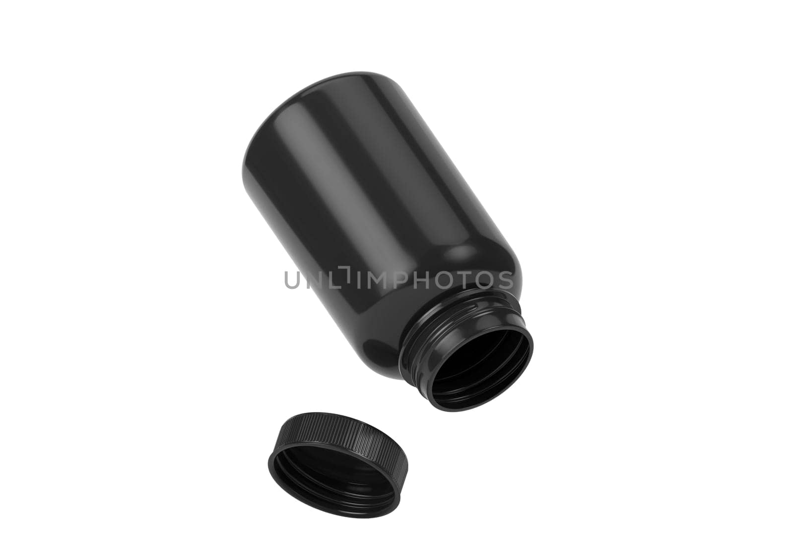 Black supplement bottle. Medicine pill container, plastic jar blank mockup. Vitamine drug capsule bottle, pharmaceutical product package
