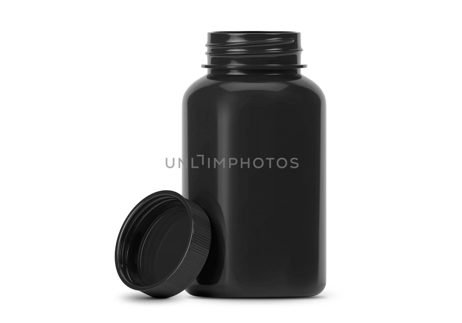 Black supplement bottle. Medicine pill container, plastic jar blank mockup. Vitamine drug capsule bottle, pharmaceutical product package