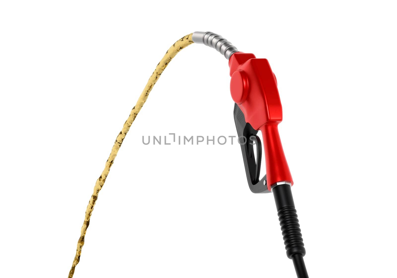 Petrol splashing out of pistol, isolated on white background