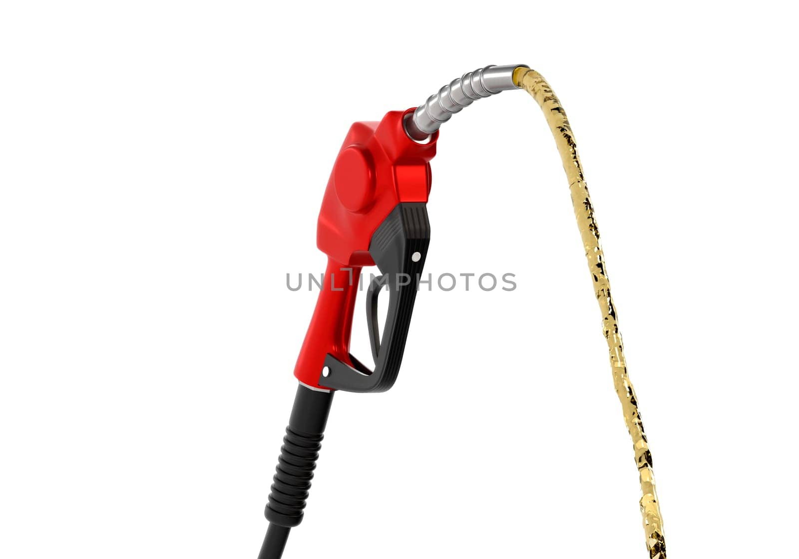 Petrol splashing out of pistol, isolated on white background