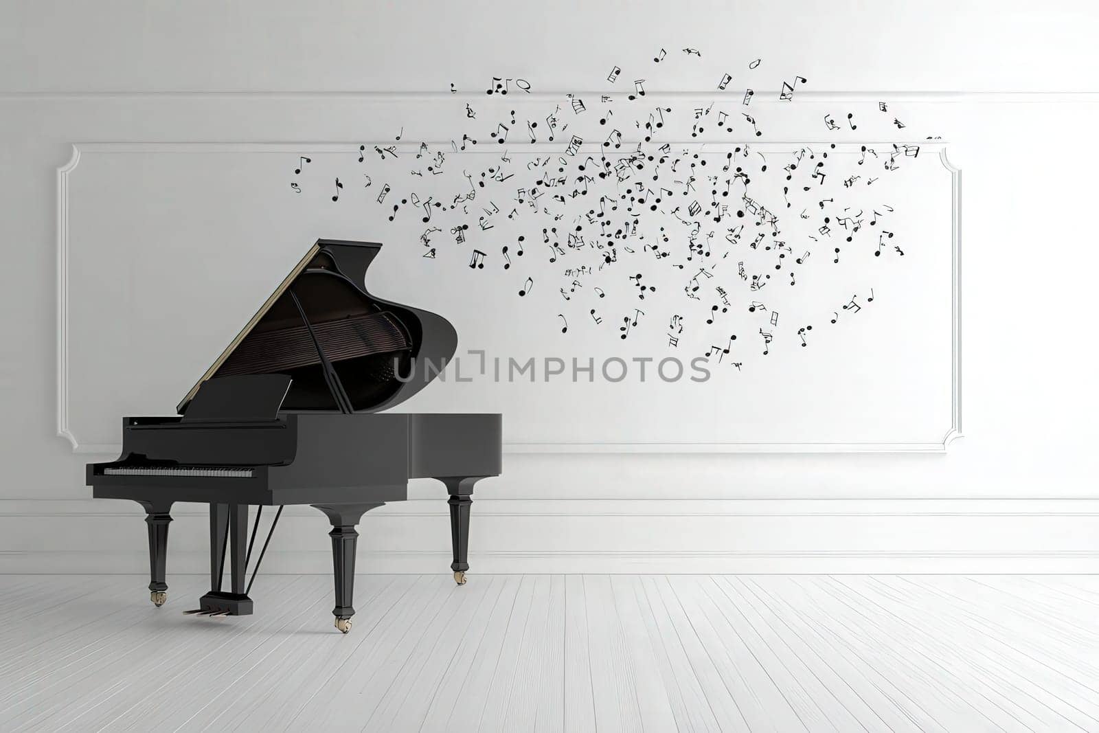 A grand piano sits elegantly in a bright, minimalistic room. Musical notes appear to float above it, creating an artistic atmosphere filled with creativity and inspiration.