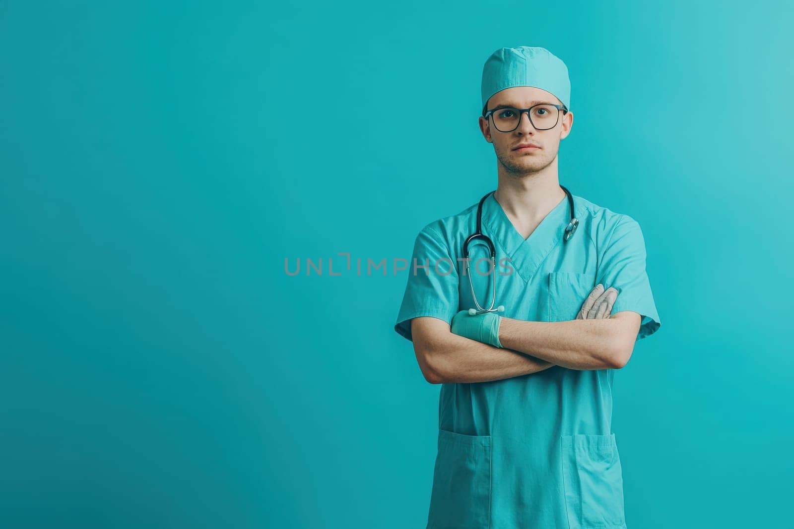 A male nurse wearing scrubs and glasses stands with crossed arms, exuding confidence in a clean, minimalist environment. The solid turquoise background enhances his professional demeanor.