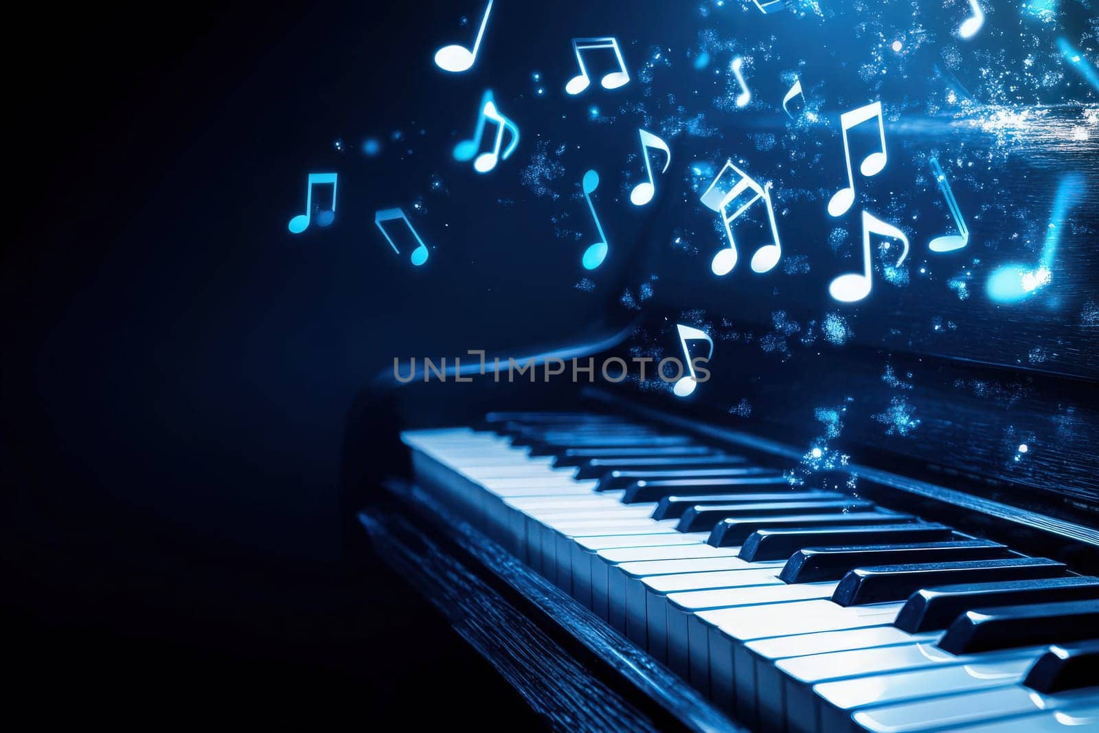 Above a pristine piano in a softly lit environment, bright musical notes float elegantly, enhancing the atmosphere with a sense of creativity and inspiration, inviting musicians to play.