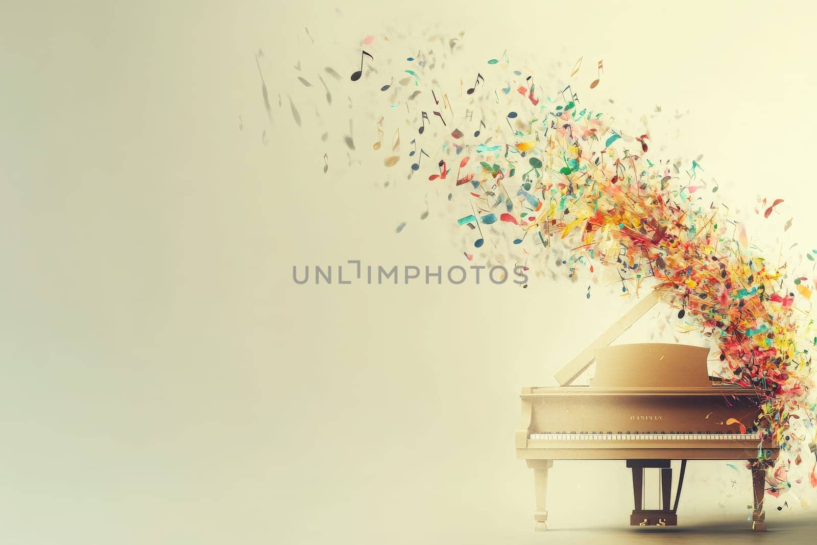 A grand piano sits elegantly as vibrant musical notes rise and swirl into the air, creating an artistic display. The clean backdrop enhances the enchanting scene of creativity and music.