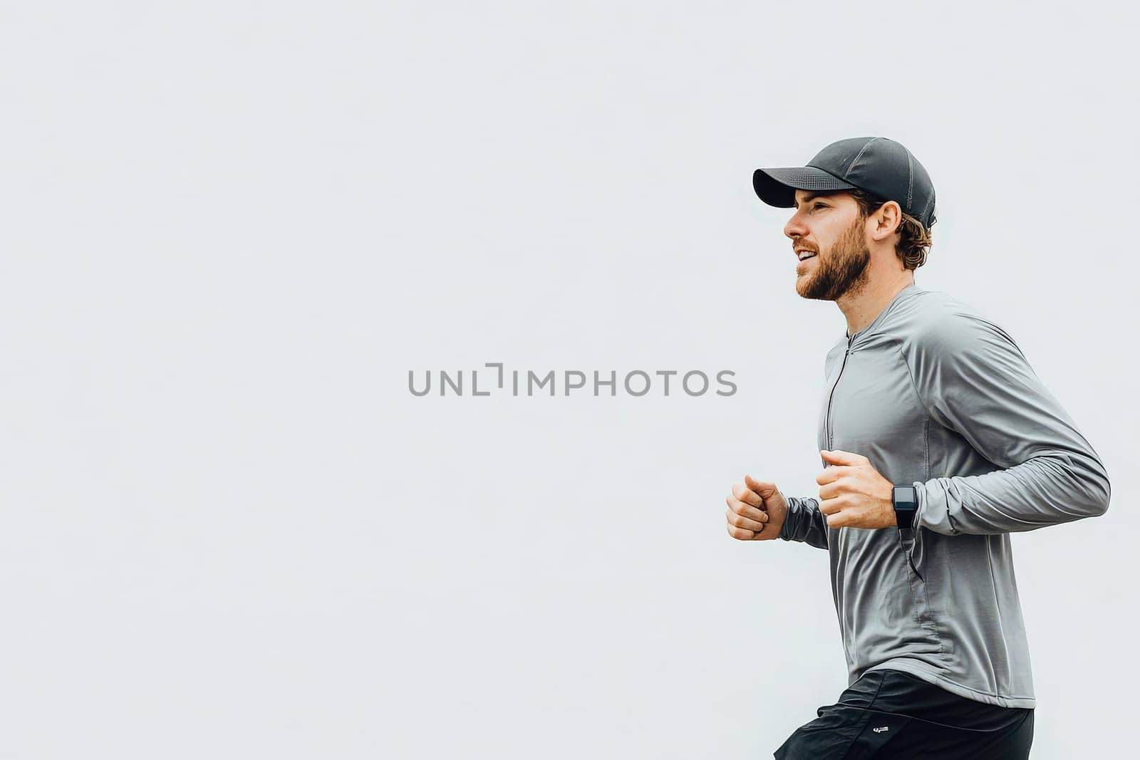 A jogger wearing a light gray long-sleeve shirt and cap is running vigorously against a clean white background during the morning hours. He is focused on his fitness routine and enjoying his run.