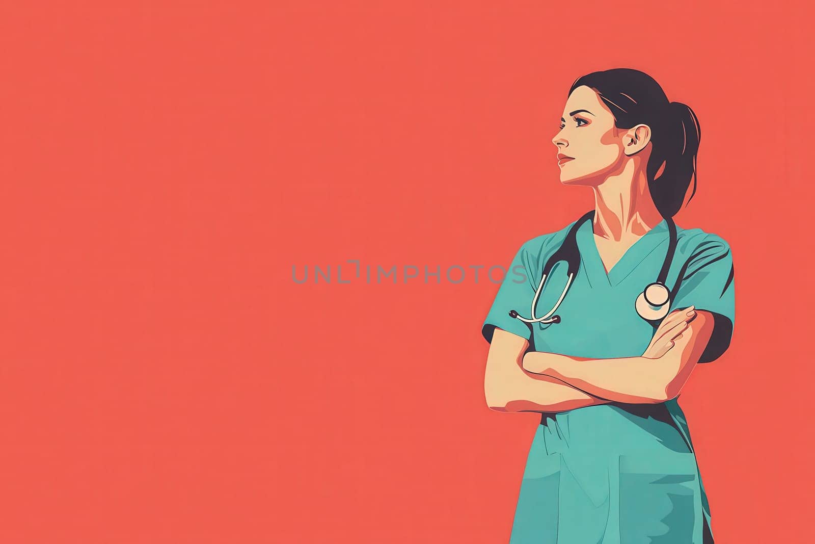 A nurse wearing scrubs stands with arms crossed, exuding confidence and professionalism. The clean and minimalist background enhances the focus on her role and dedication to healthcare.
