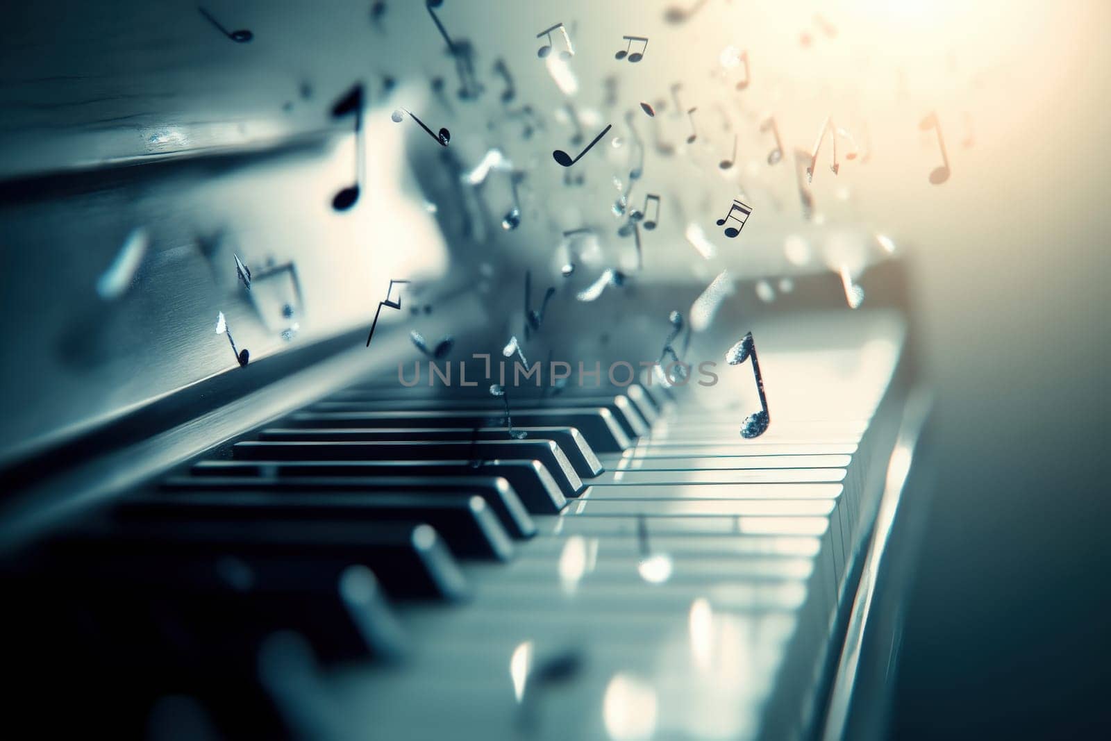 A grand piano stands immaculate, with musical notes elegantly floating above its keys. The soft light highlights the beauty of the instrument, creating a tranquil atmosphere.