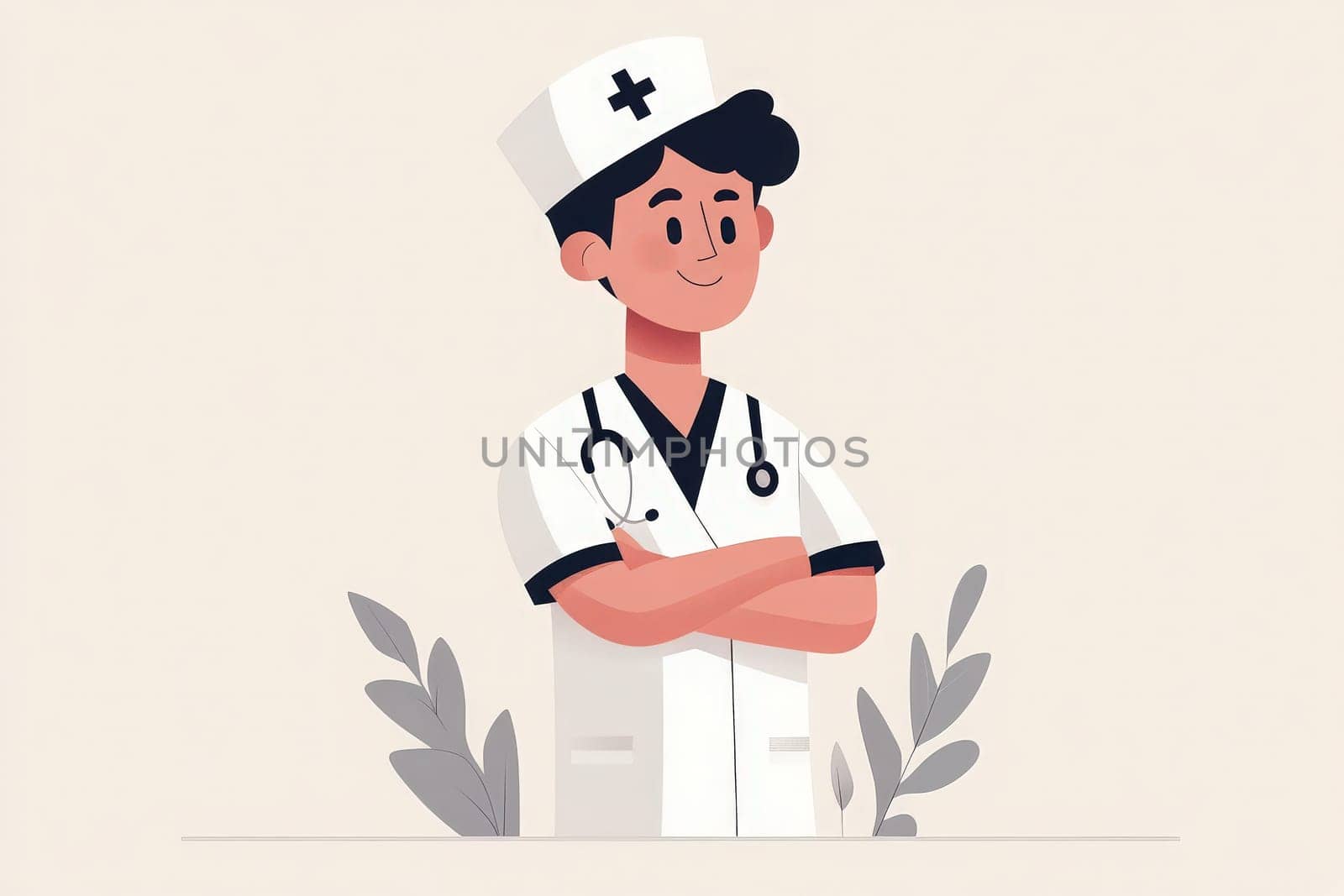A male nurse stands with his arms crossed, wearing a crisp uniform and a cap. The design is minimalist and solid, showcasing a friendly and professional demeanor suitable for healthcare settings.
