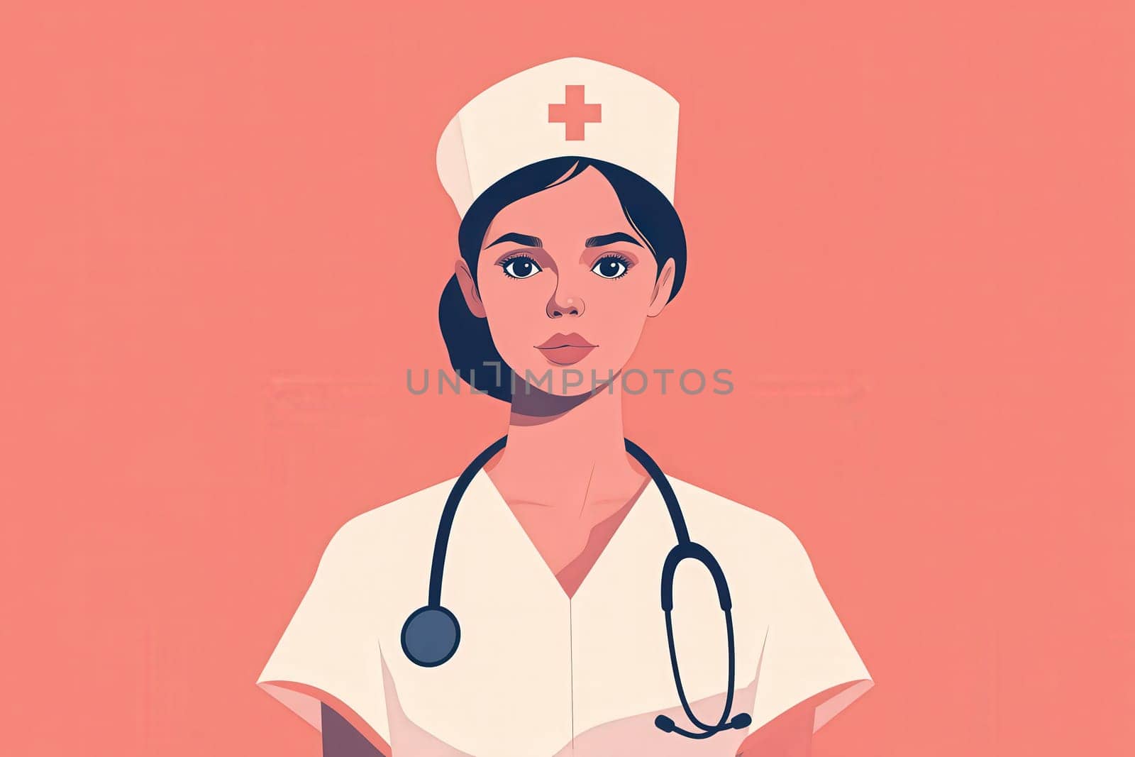 A female nurse, depicted in a minimalist style, wears a stethoscope and a nurses cap. She stands in front of a solid background, emphasizing her professional appearance and dedication.