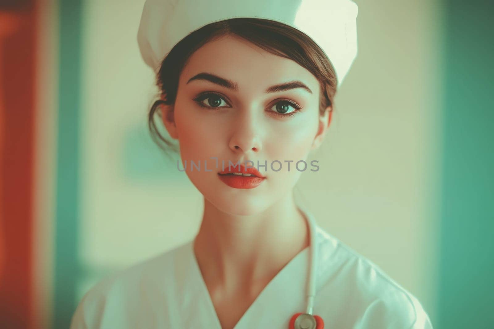 A nurse with a clean uniform and a white cap gazes directly, exuding a sense of professionalism and calmness. The background is minimalist, emphasizing her role in patient care.