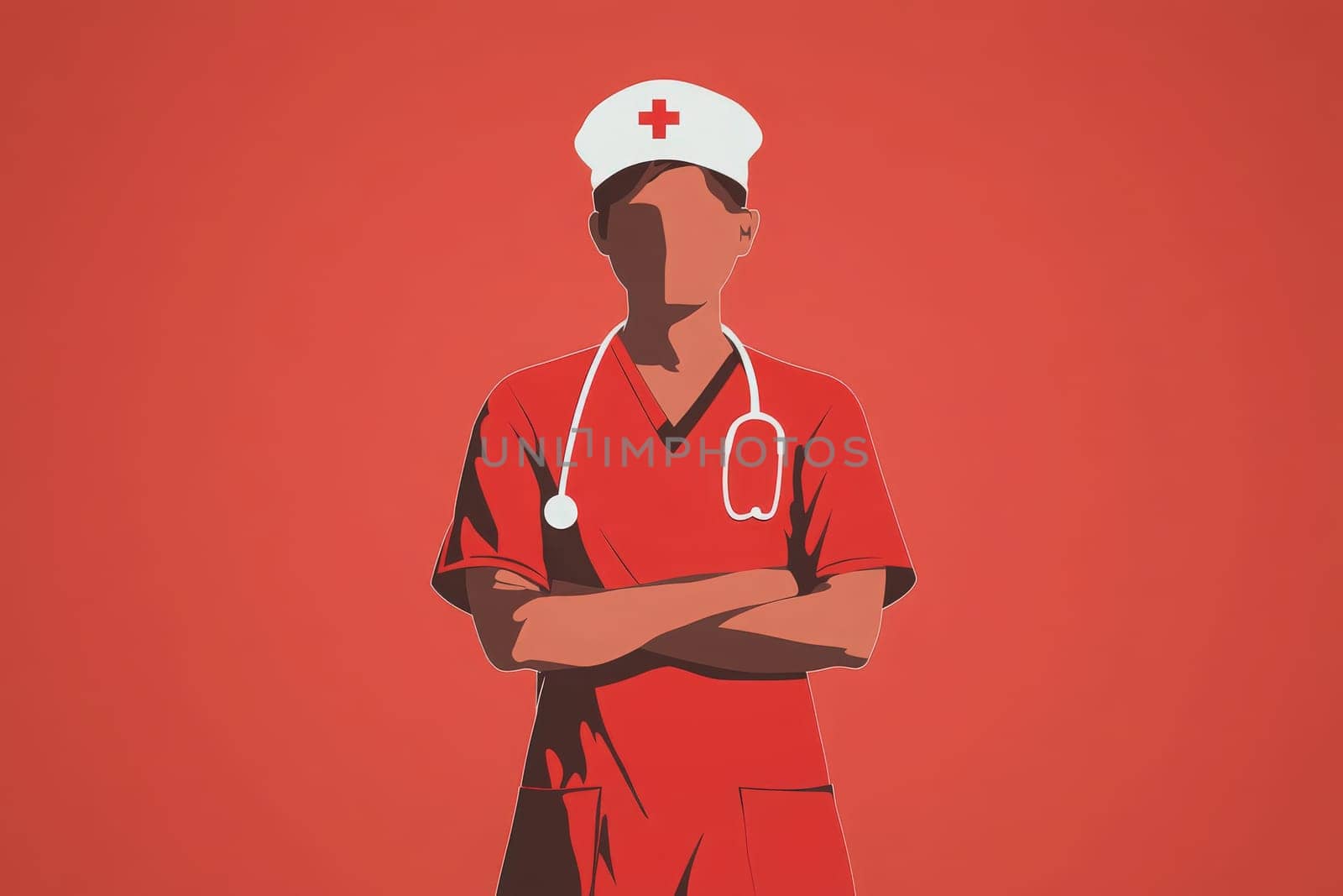 A nurse stands confidently with arms crossed, dressed in vibrant scrubs and a white cap featuring a red cross, set against a solid colored background, embodying professionalism in healthcare.