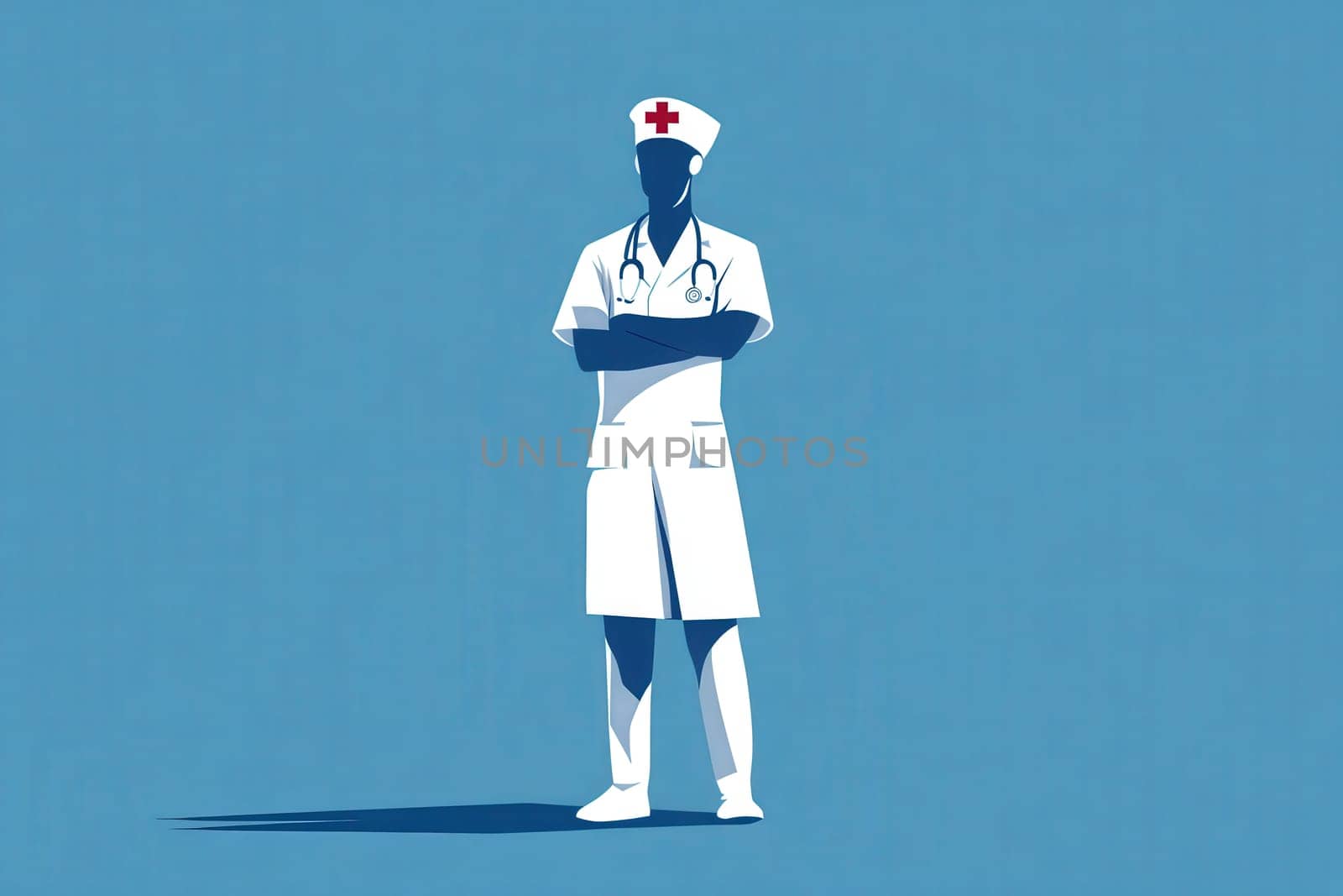 A nurse is depicted in a minimalist style, dressed in a white uniform with a stethoscope around his neck. The solid background enhances the focus on his role in providing healthcare.
