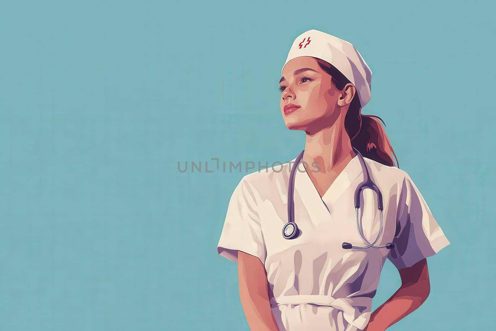 A nurse stands poised, wearing a white uniform and a cap, with a stethoscope around her neck. The minimalist design emphasizes her readiness to provide care and support in the healthcare field.