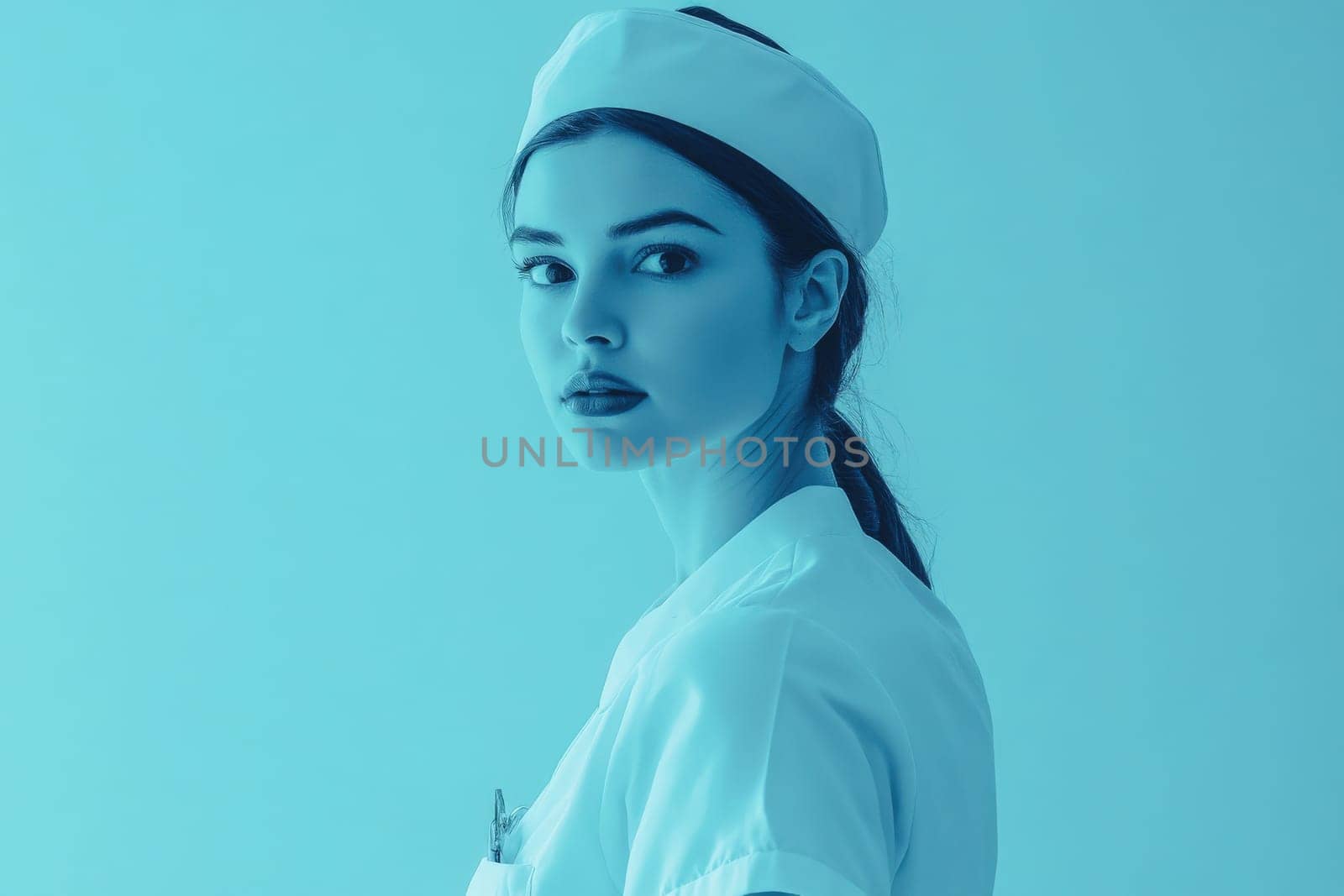 The nurse stands confidently, showcasing her clean uniform and hat against a calming blue backdrop. Her focused expression reflects dedication and professionalism in the healthcare field.