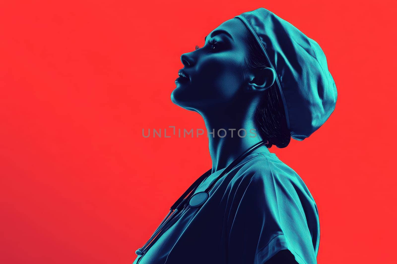 This nurse, dressed in scrubs and a surgical cap, stands in profile against a vibrant red background, embodying commitment to patient care and professionalism in the healthcare field.