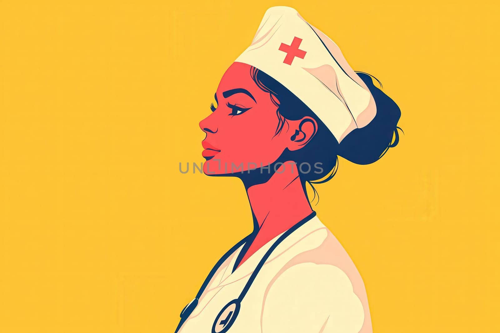 A nurse is depicted in profile, wearing a white cap and uniform, with a stethoscope around her neck, set against a vibrant yellow background. The design emphasizes simplicity and cleanliness.