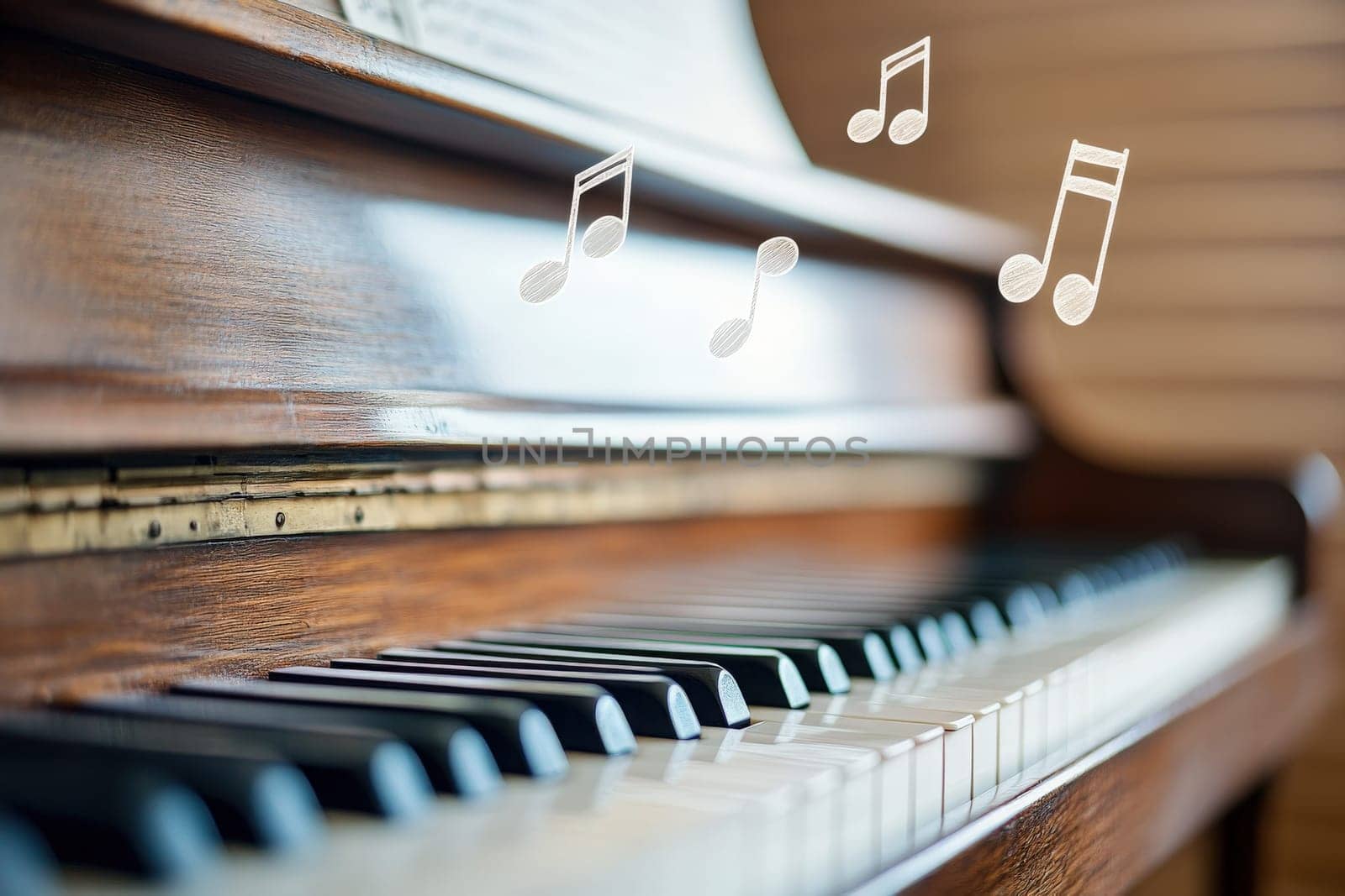 A beautifully polished piano features clean keys as musical notes appear to float above. The warm indoor ambiance enhances the sense of melody and inspiration.