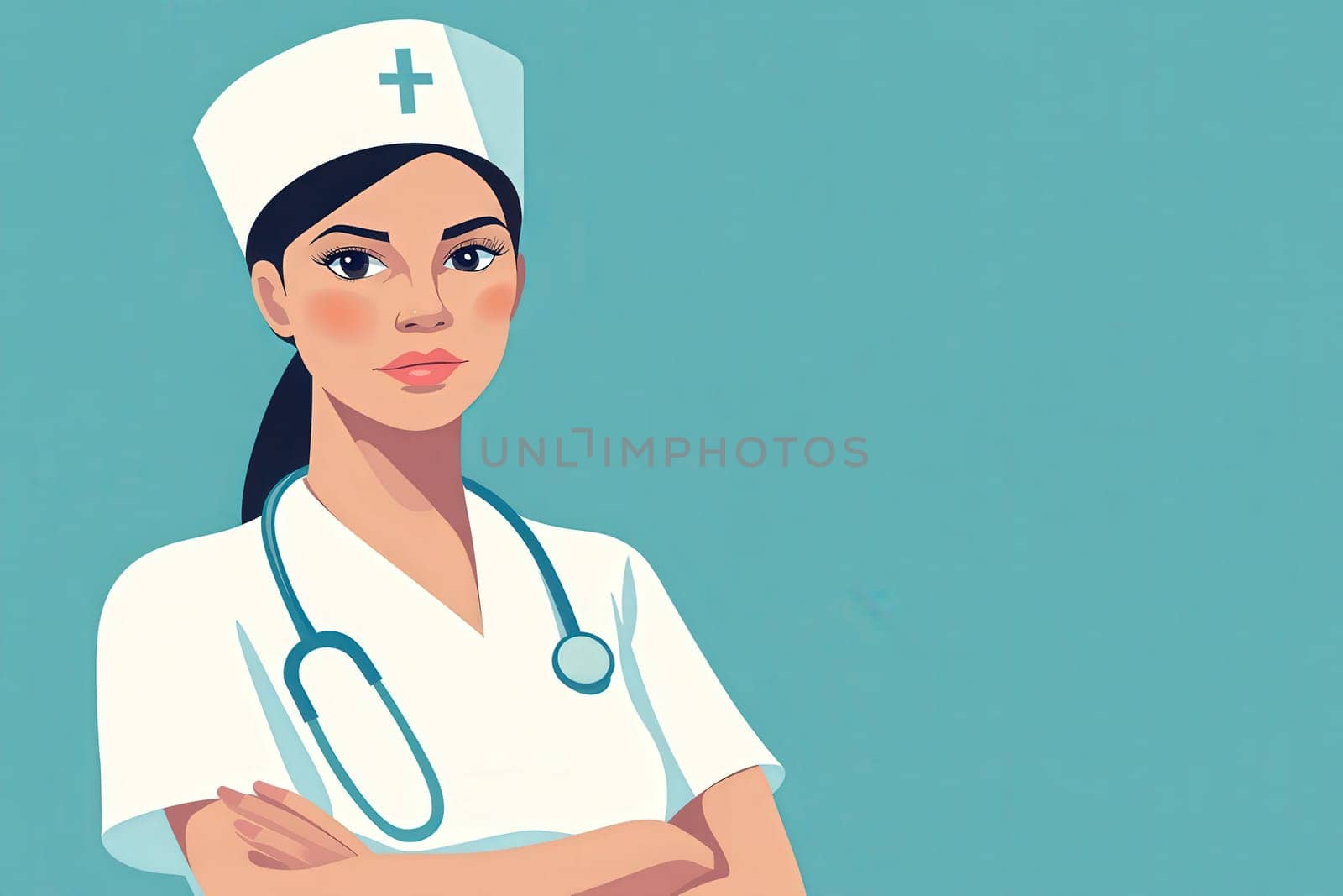 A nurse stands confidently, wearing a traditional uniform and stethoscope, conveying professionalism. The minimalist design with a solid background emphasizes her calm and determined demeanor.