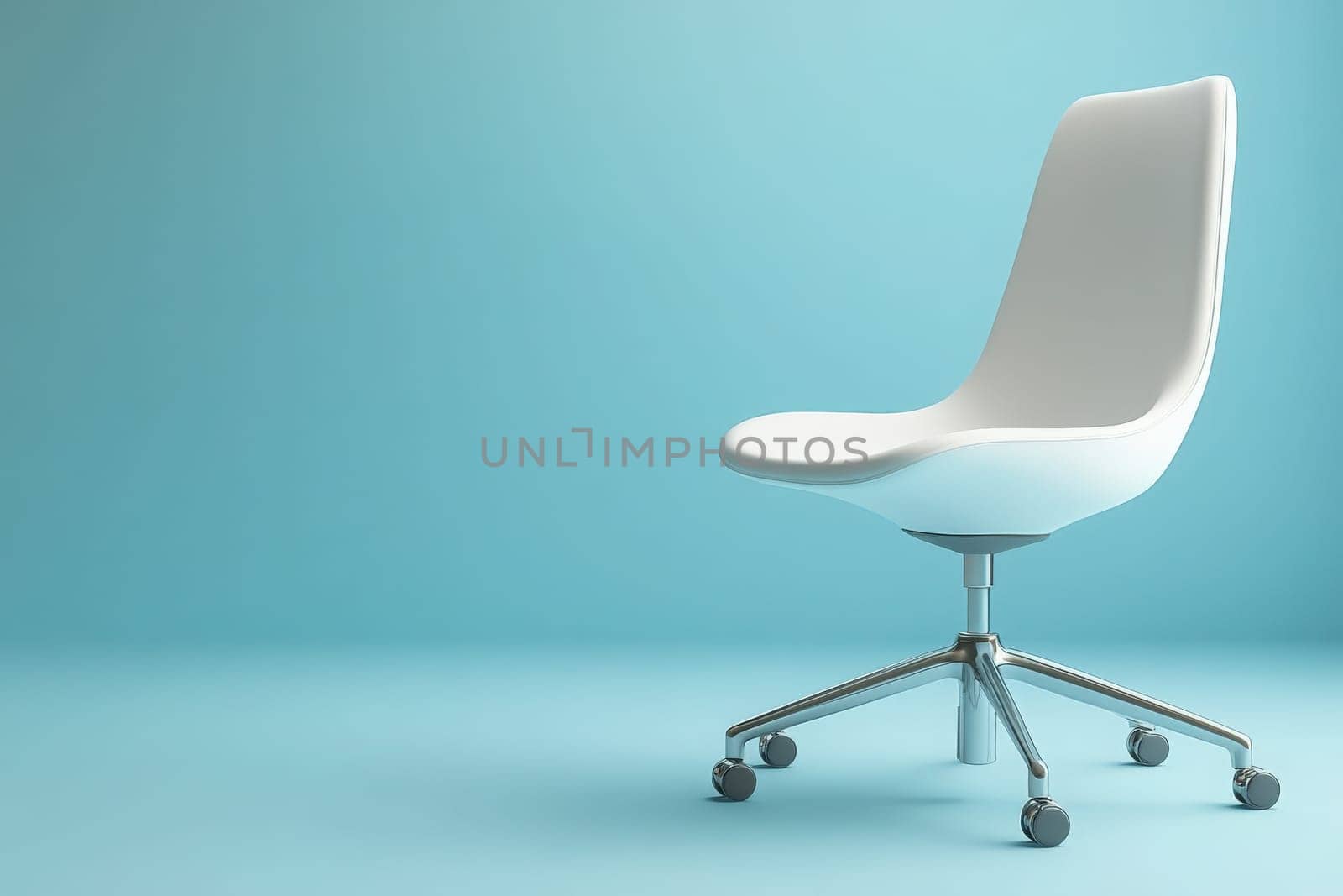 A stylish office chair is pulled away from a desk against a solid blue background, creating a bright and open workspace. The clean lines of the chair contribute to a modern aesthetic.