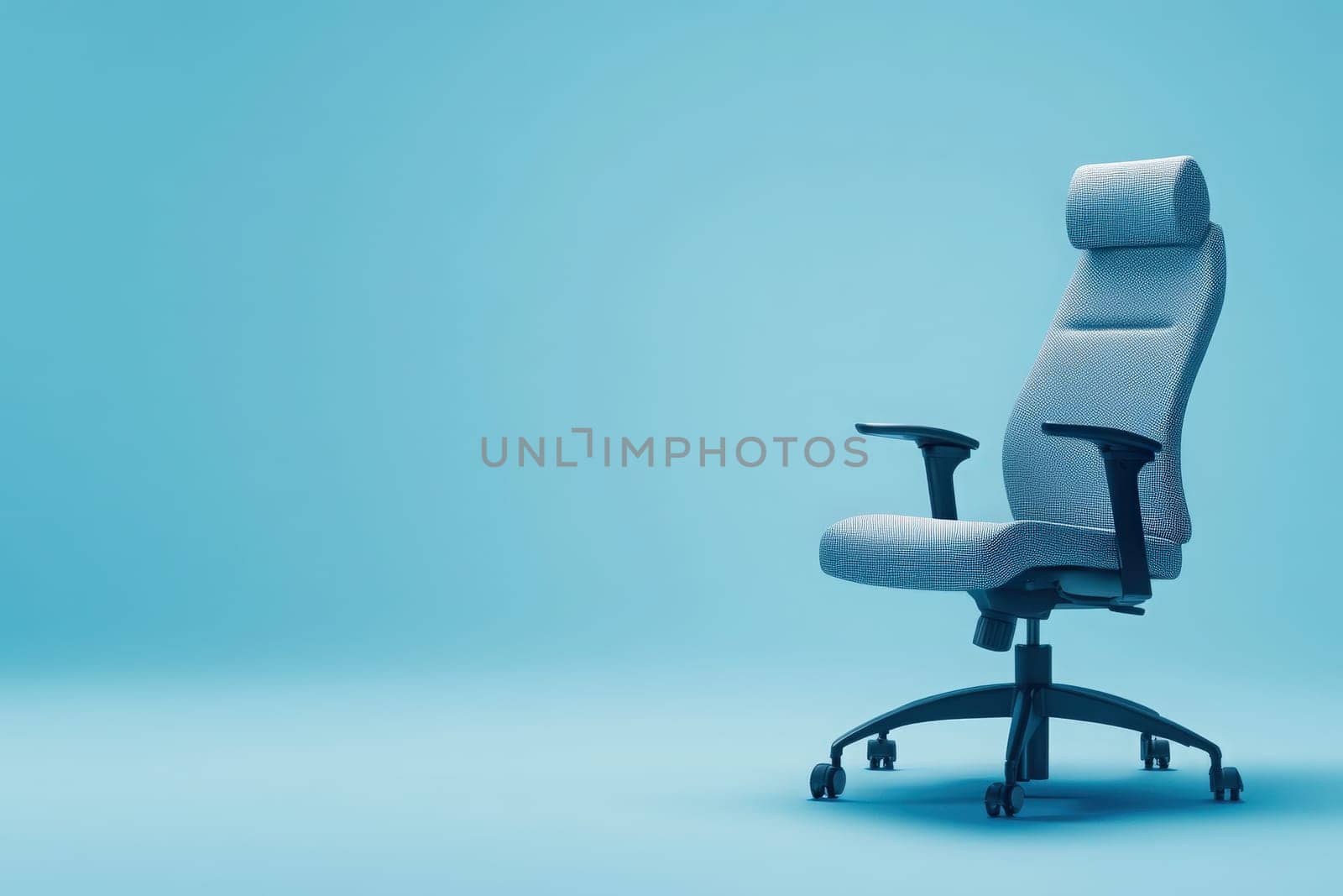 An office chair is pulled out and positioned to the side against a solid blue background, showcasing a tidy workspace. The design emphasizes simplicity and functionality in office furniture.