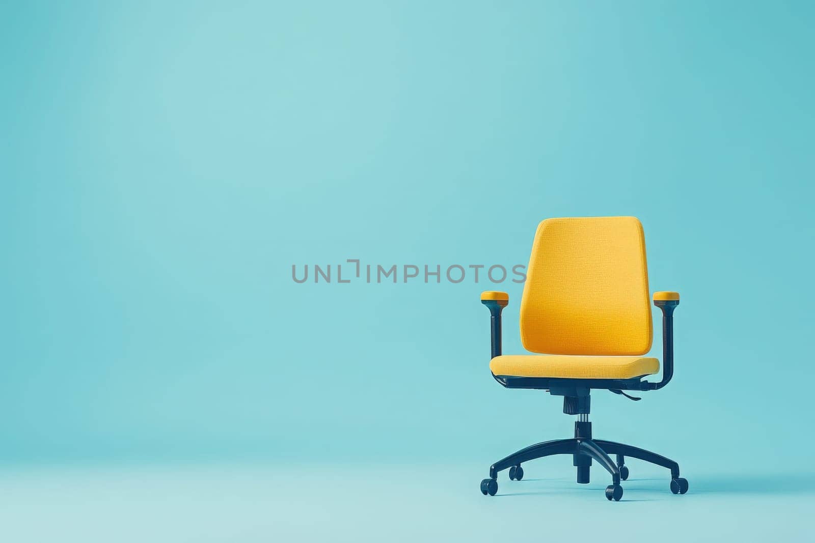 A vibrant yellow office chair is pulled out from a desk, occupying a spotless space. The cool blue background enhances the chairs bright color, creating a striking contrast in this modern setting.