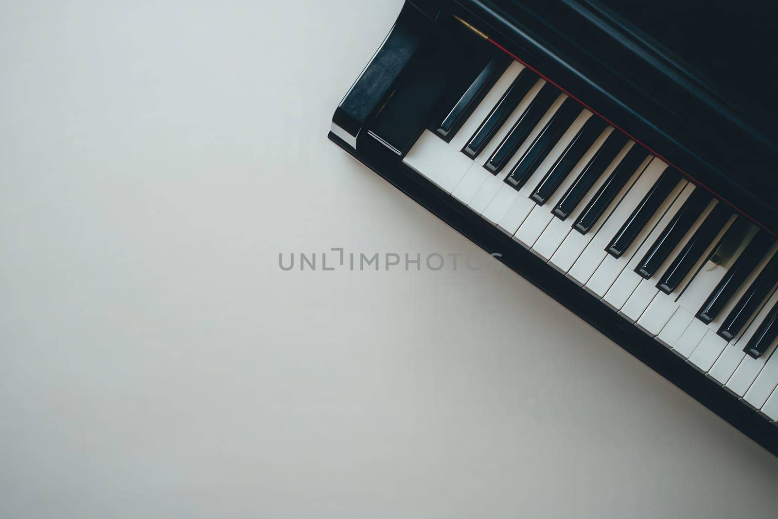 The grand pianos lid is propped open, showcasing its polished keys on a clean, solid surface, inviting musicians to play and fill the space with music. Natural light brightens the scene.