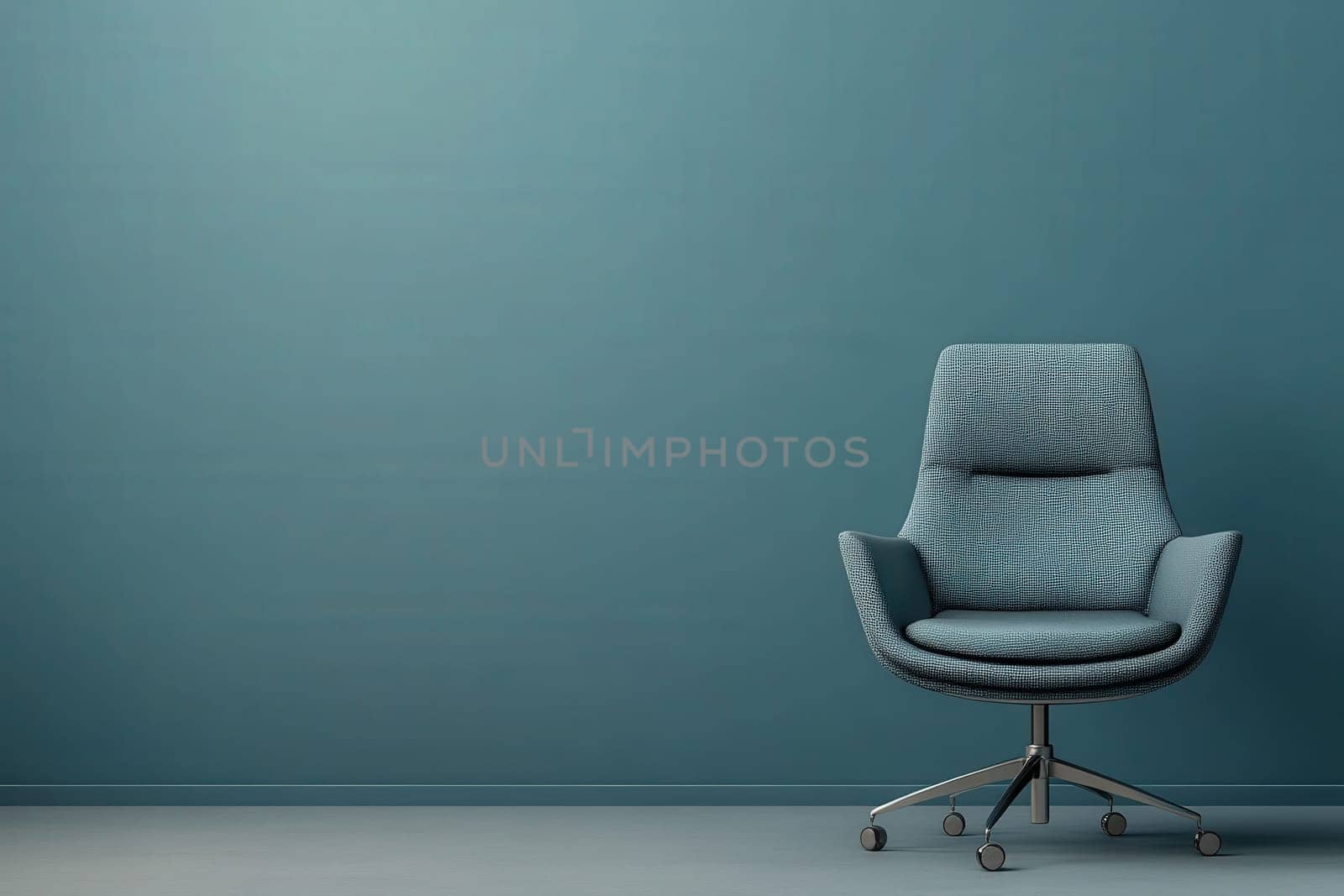 A modern office chair sits pulled out on a smooth, clean surface. The background features a muted green wall that creates a calm and inviting atmosphere, suitable for work or relaxation.