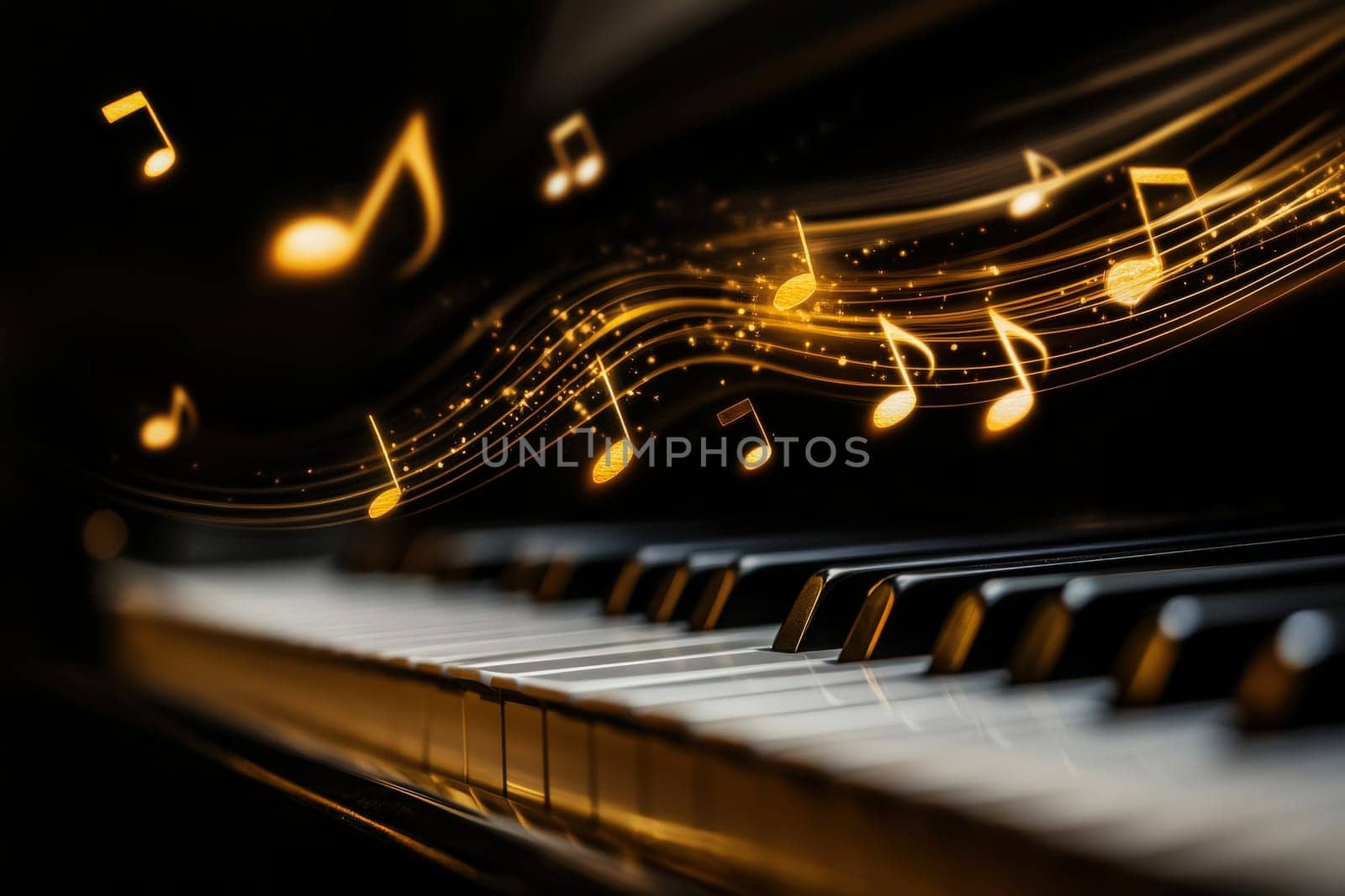 A cascade of musical notes hovers above the keys of a grand piano, illuminating the room with a warm glow. The atmosphere evokes a sense of creativity and inspiration, inviting play.