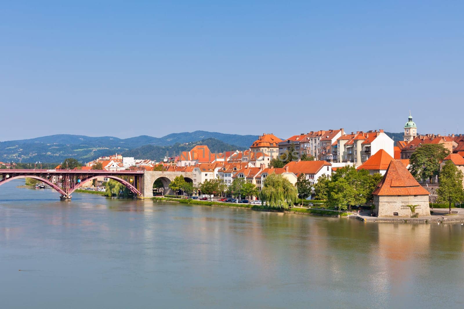 Skyline of Maribor city embankment in the sunny day, Slovenia