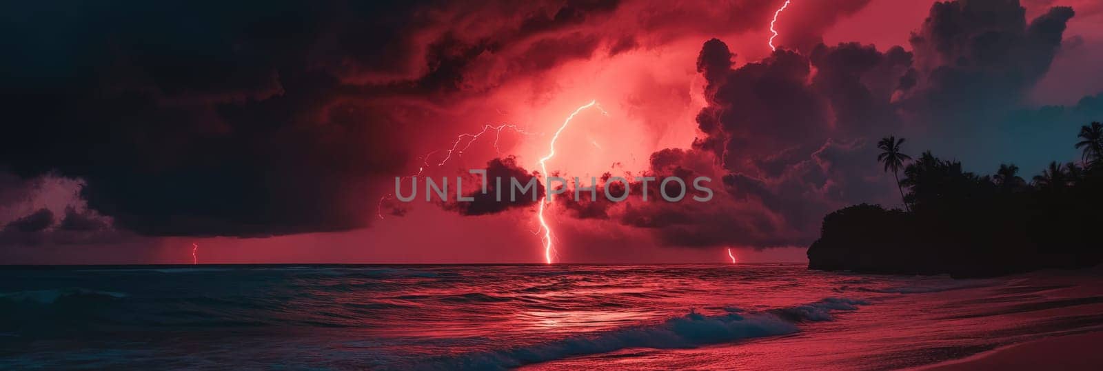Powerful lightning strike in the scary red sky with dark storm clouds above the sea with big waves at night.