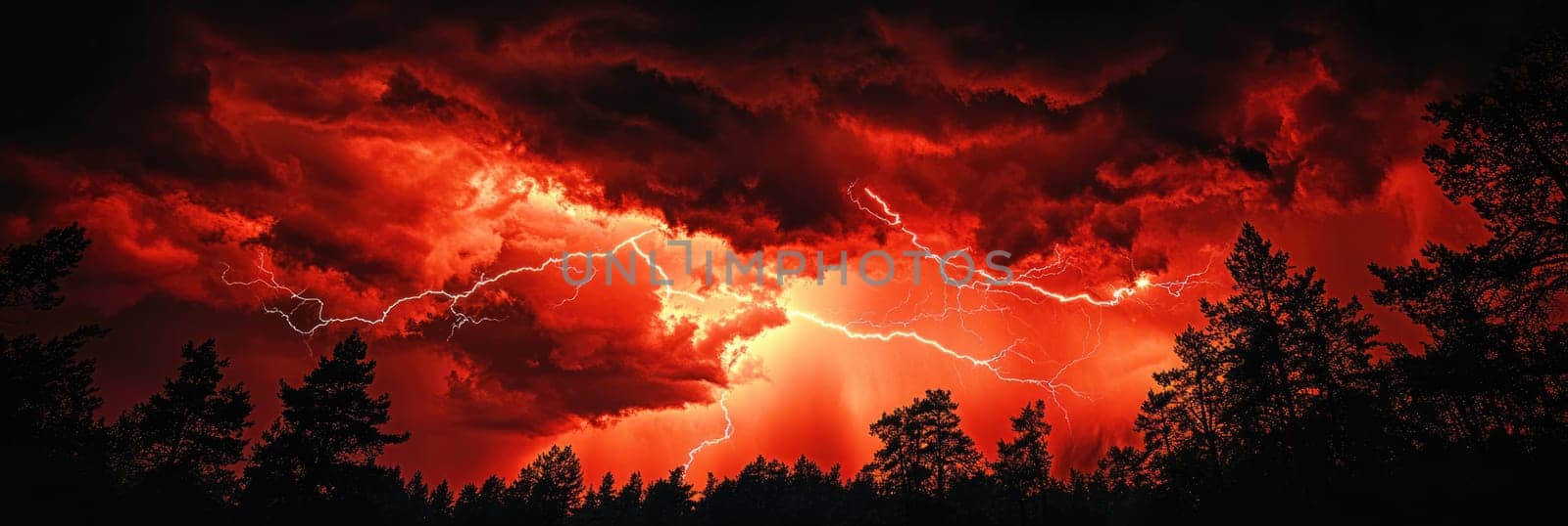 Powerful lightning strike with dark red storm clouds above the forest. Scary lightning bolt in the night sky.