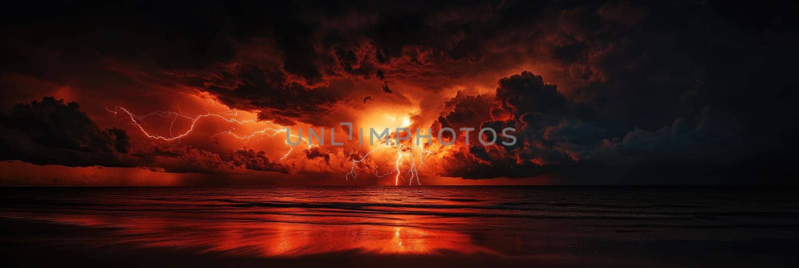 Powerful lightning strike in the sky with dark red storm clouds above the sea at night.