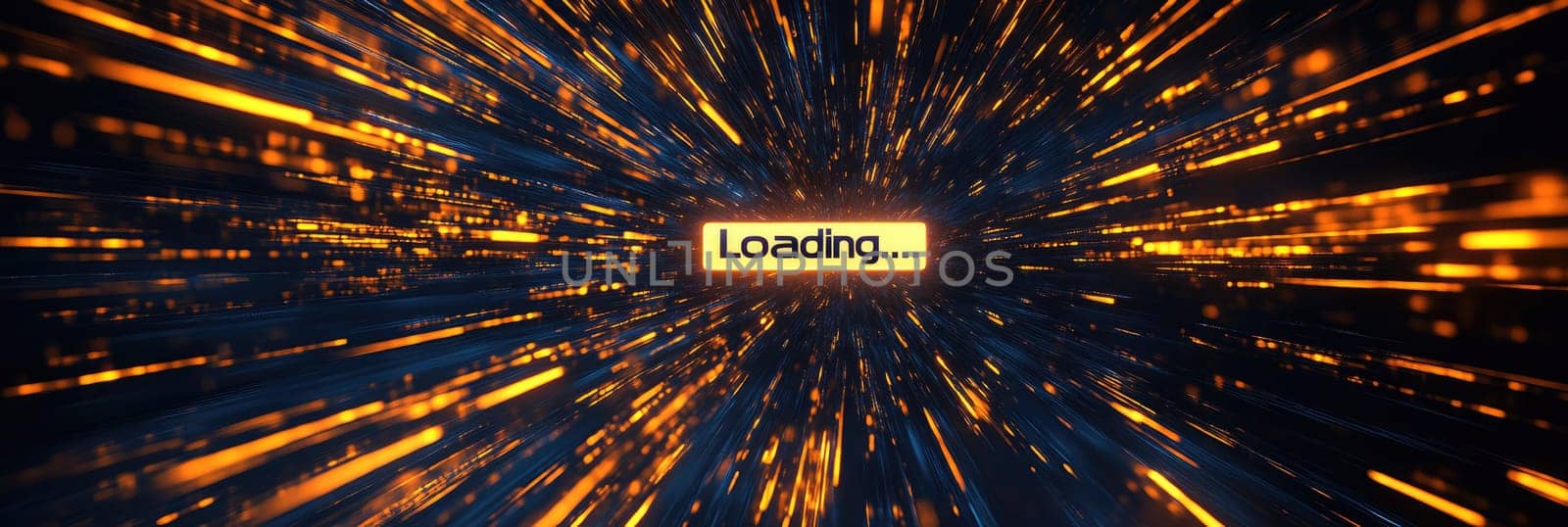 Loading word on digital technology background. Golden lines on monitor screen. Data load concept, graphic design.