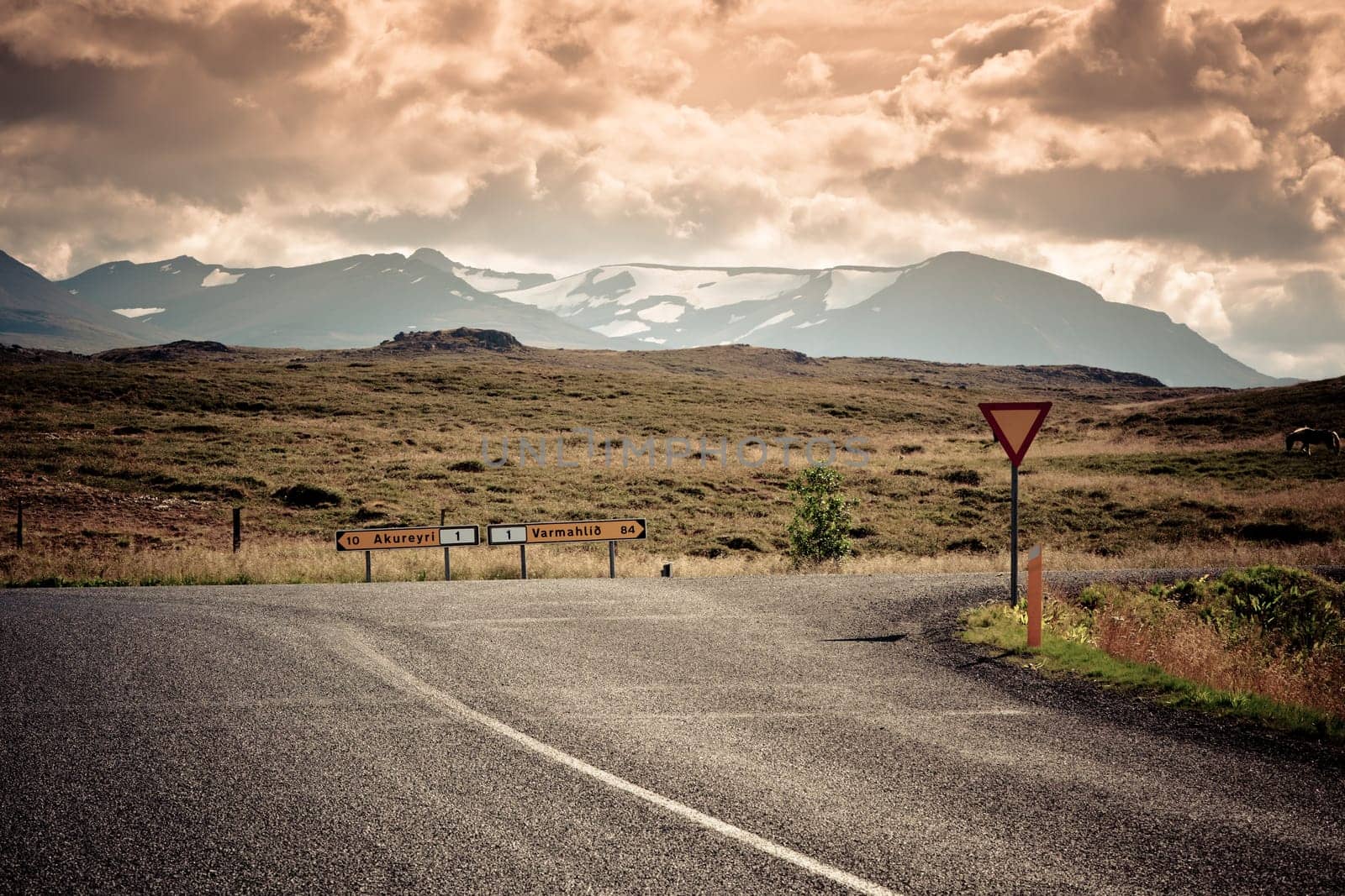 Road junction and waymarks at North Iceland mountain landscape. Filtered Image