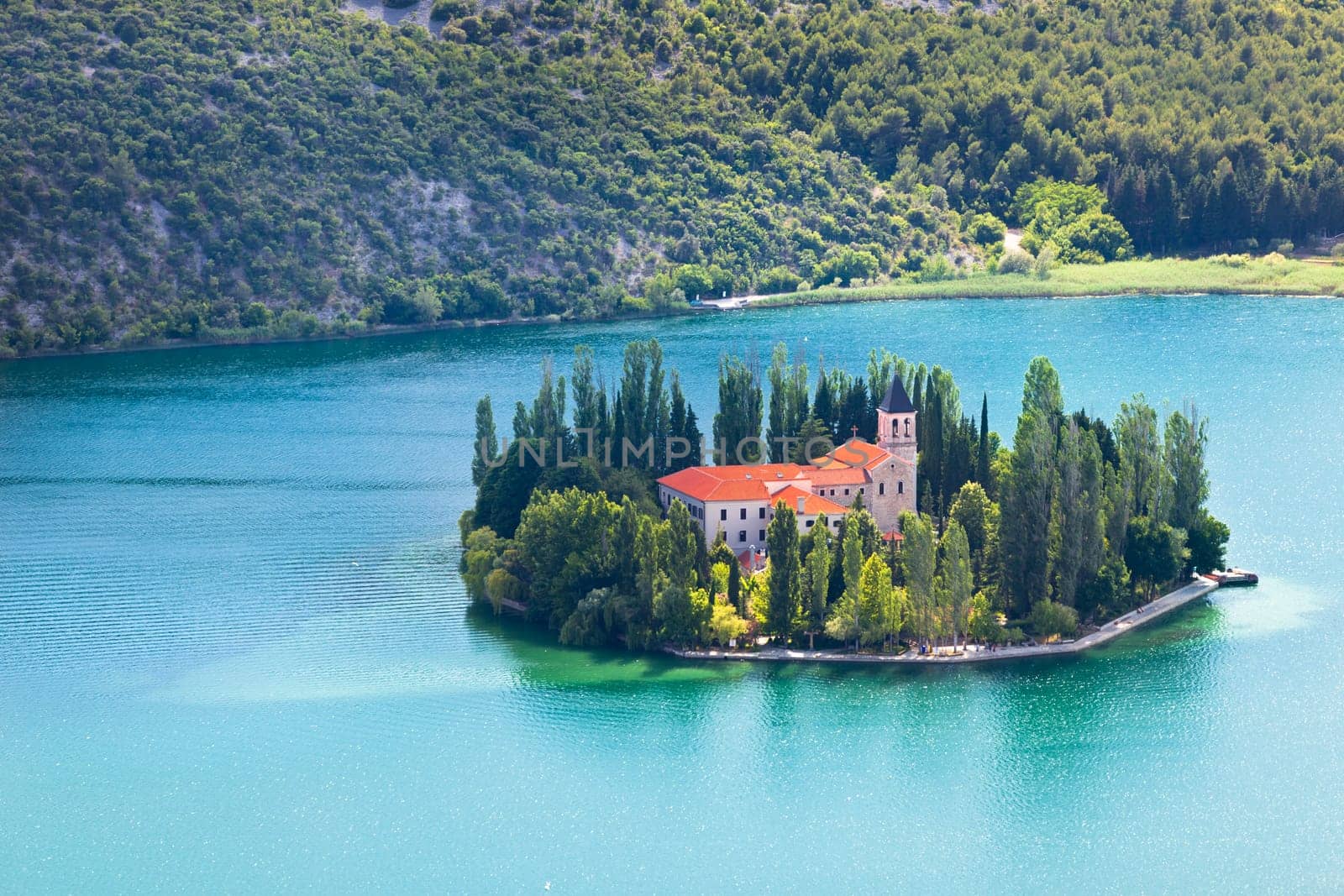 Visovac christian monastery on the island in The Krka National park, Croatia. Aerial view
