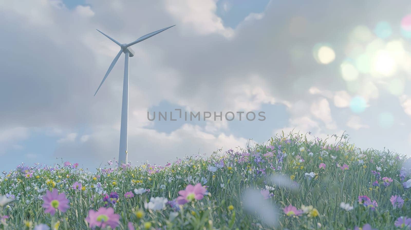 This photorealistic image showcases a majestic wind turbine standing tall on a hill, surrounded by vibrant wildflowers that flourish at its base. Captured in exquisite detail with a 30-megapixel resolution, the 4K quality highlights the harmonious blend of technology and nature. The sharp focus and intricate details emphasize the turbine’s significance as a symbol of clean energy, while the wildflowers represent the beauty of the natural environment. This image evokes a sense of sustainability and the promise of a greener future.