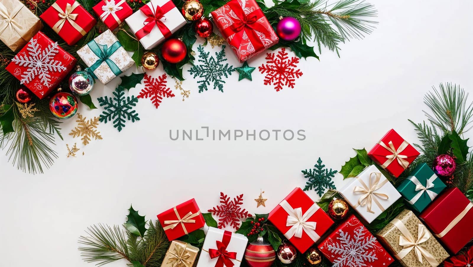 A festive Christmas-themed border featuring red, gold, and green gifts and decorations placed around an empty center, creating a seasonal and inviting holiday atmosphere. AI generated image