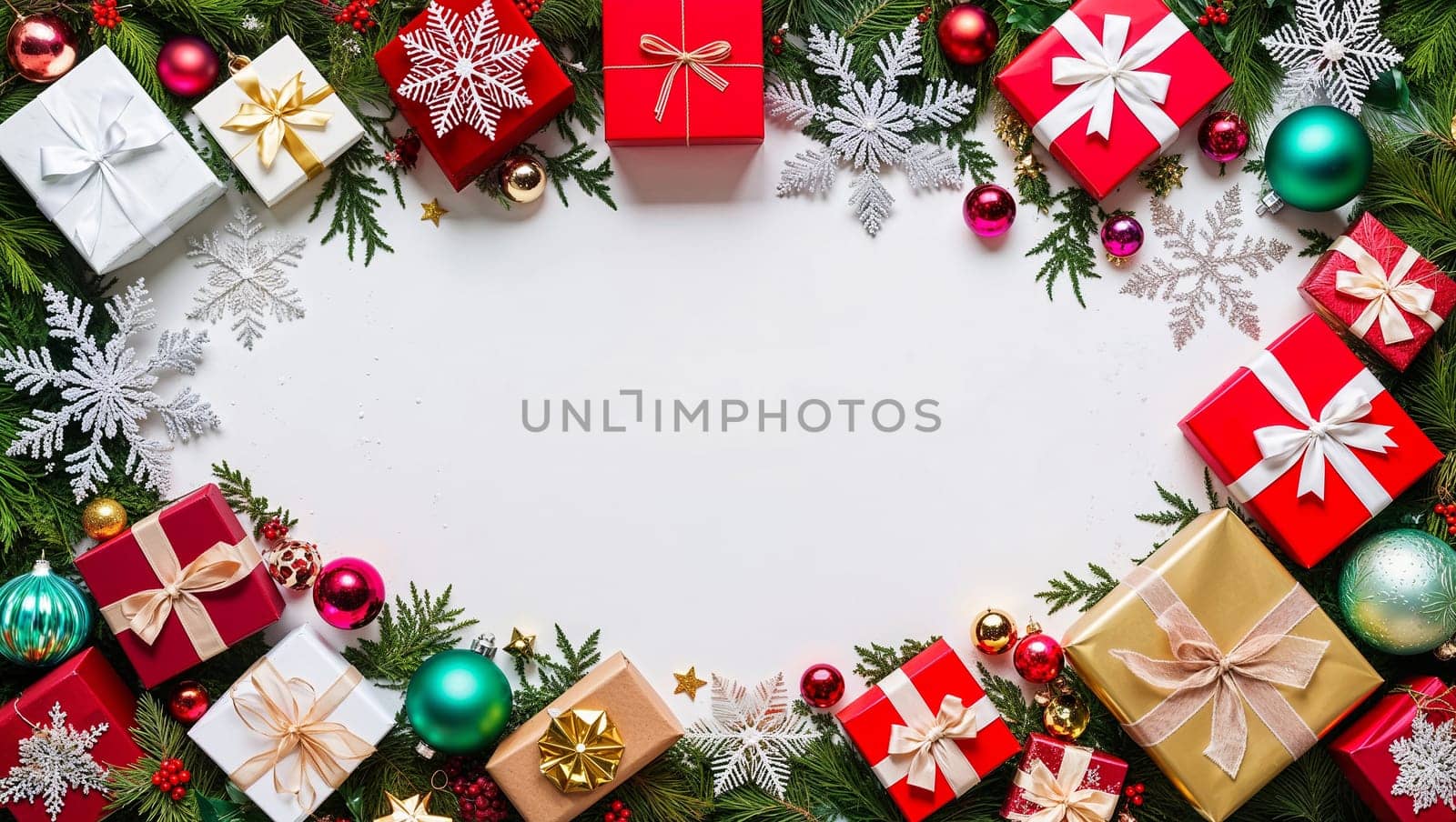 A festive Christmas-themed border featuring red, gold, and green gifts and decorations placed around an empty center, creating a seasonal and inviting holiday atmosphere. AI generated image