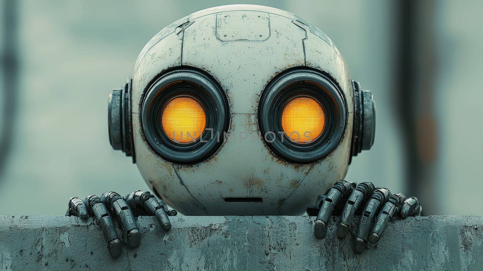 This striking close-up shot features a business AI robot peeking over a ledge against a solid white background. The robot's sleek design and expressive features highlight its advanced technology and personality, inviting viewers to consider the intersection of artificial intelligence and human-like traits in the business world. The clean background emphasizes the robot’s design, making it a captivating image that sparks curiosity about the future of AI in business.